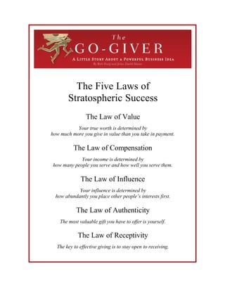 The Five Laws of
        Stratospheric Success
                 The Law of Value
           Your true worth is determined by
how much more you give in value than you take in payment.

          The Law of Compensation
             Your income is determined by
 how many people you serve and how well you serve them.

              The Law of Influence
            Your influence is determined by
  how abundantly you place other people’s interests first.

            The Law of Authenticity
    The most valuable gift you have to offer is yourself.

             The Law of Receptivity
  The key to effective giving is to stay open to receiving.
 