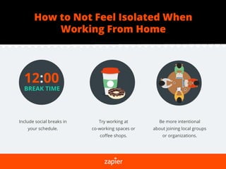 How to Not Feel Isolated When
Working From Home
Include social breaks in
your schedule.
Try working at
co-working spaces or
coﬀee shops.
Be more intentional
about joining local groups
or organizations.
 