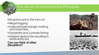 Disruptions are in the form of:
 Illegal logging
 Indiscriminate kaingin-making
and forest fires
 Dynamite and cyanide fishing
 Habitat destruction resulting in
biodiversity loss
Can you think of other
disruptions?
The Seven Environmental Principles
(Barry Commoner)
 