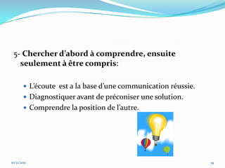 5- Chercher d’abord à comprendre, ensuite
   seulement à être compris:

         L’écoute est a la base d’une communication réussie.
         Diagnostiquer avant de préconiser une solution.
         Comprendre la position de l’autre.




10/11/2011                                                      14
 