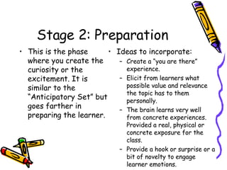 Stage 2: Preparation This is the phase where you create the curiosity or the excitement. It is similar to the “Anticipatory Set” but goes farther in preparing the learner. Ideas to incorporate: Create a “you are there” experience. Elicit from learners what possible value and relevance the topic has to them personally.  The brain learns very well from concrete experiences.  Provided a real, physical or concrete exposure for the class. Provide a hook or surprise or a bit of novelty to engage learner emotions. 