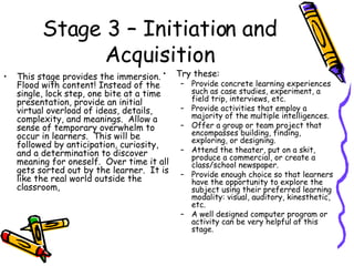 Stage 3 – Initiation and Acquisition This stage provides the immersion.  Flood with content! Instead of the single, lock step, one bite at a time presentation, provide an initial virtual overload of ideas, details, complexity, and meanings.  Allow a sense of temporary overwhelm to occur in learners.  This will be followed by anticipation, curiosity, and a determination to discover meaning for oneself.  Over time it all gets sorted out by the learner.  It is like the real world outside the classroom, Try these: Provide concrete learning experiences such as case studies, experiment, a field trip, interviews, etc. Provide activities that employ a majority of the multiple intelligences. Offer a group or team project that encompasses building, finding, exploring, or designing. Attend the theater, put on a skit, produce a commercial, or create a class/school newspaper. Provide enough choice so that learners have the opportunity to explore the subject using their preferred learning modality: visual, auditory, kinesthetic, etc. A well designed computer program or activity can be very helpful at this stage. 