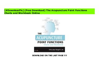 DOWNLOAD ON THE LAST PAGE !!!!
^PDF^ The Acupuncture Point Functions Charts and Workbook books A clear and accessible two-part resource to learn the location and function of the acupuncture points. Part I of the book comprises a series of 27 charts covering the primary meridians plus the extraordinary meridians and the known extra points. These charts show the location of the meridians and acupuncture points within the body, while explaining the functions of the points. The second part of the book provides blank charts for the student to annotate.Containing a vast amount of information in an engaging format, this book offers the perfect visual reference for acupuncturists and students, and the blank sheets offer a proven and interactive way for students to learn the different points or meridians.
[#Download%] (Free Download) The Acupuncture Point Functions
Charts and Workbook Online
 