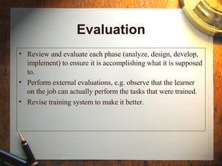 ADDIE
EVALUATE
ANALYZE
DESIGN
DEVELOP
IMPLEMENT
 
