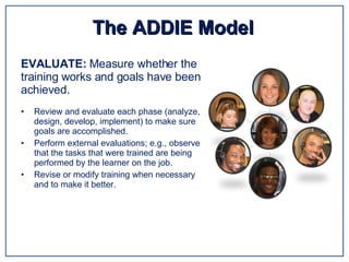 Review and evaluate each phase (analyze, design, develop, implement) to make sure goals are accomplished. Perform external evaluations; e.g., observe that the tasks that were trained are being performed by the learner on the job. Revise or modify training when necessary and to make it better. The ADDIE Model EVALUATE:  Measure whether the training works and goals have been achieved. 