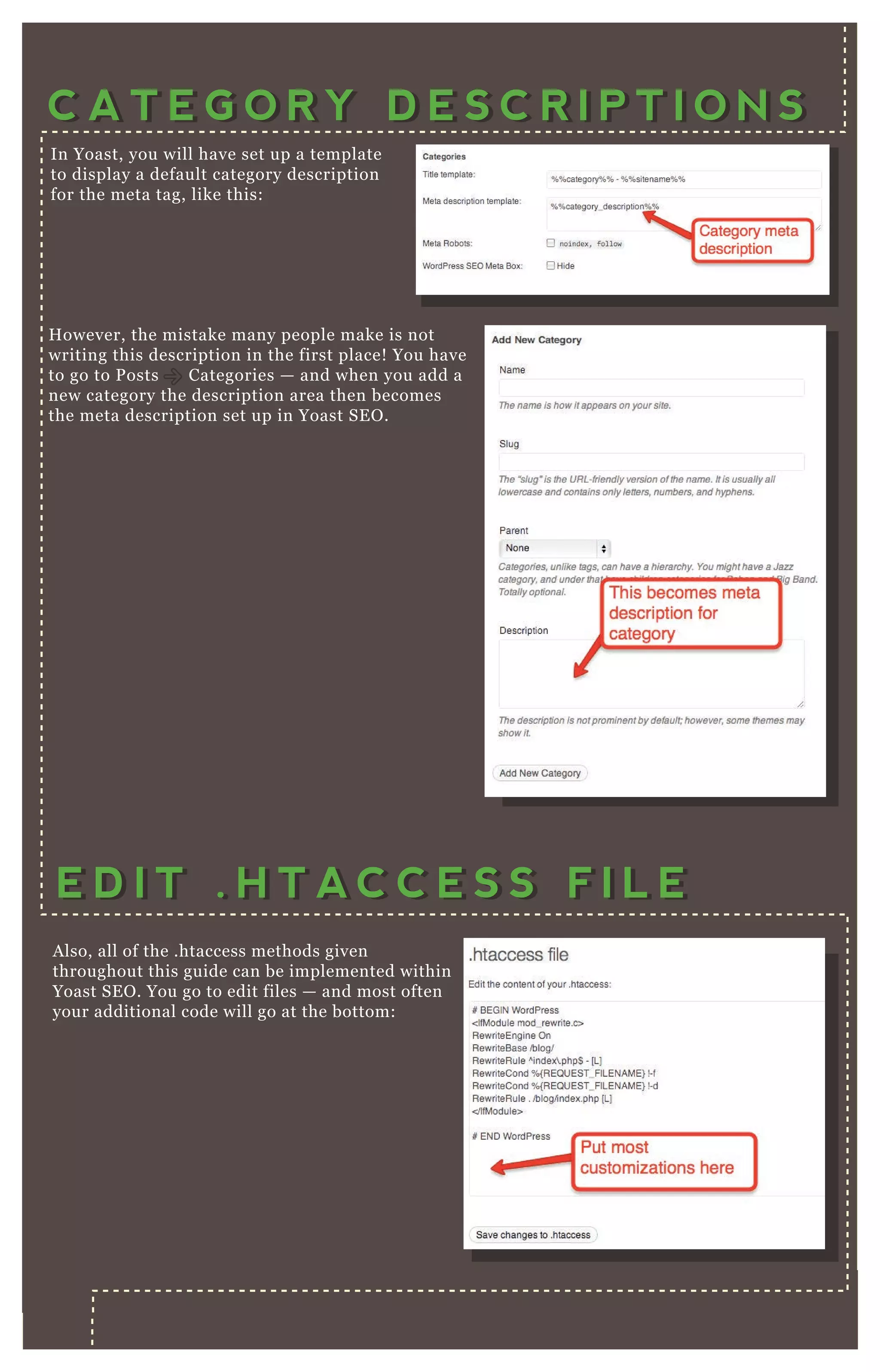 O
C A T E G O R Y D E S C R I P T I O N SC A T E G O R Y D E S C R I P T I O N S
In Yoast, you will have set up a template
to display a default category description
for the meta tag, like this:
H owever, the mistake many people make is not
writing this description in the first place! You have
to go to P osts Categories — and when you add a
new category the description area then becomes
the meta description set up in Yoast SE O .
E D I T . H T A C C E S S F I L EE D I T . H T A C C E S S F I L E
A lso, all of the .htaccess methods given
throughout this guide can be implemented within
Yoast SE O . You go to edit files — and most often
your additional code will go at the bottom:
 