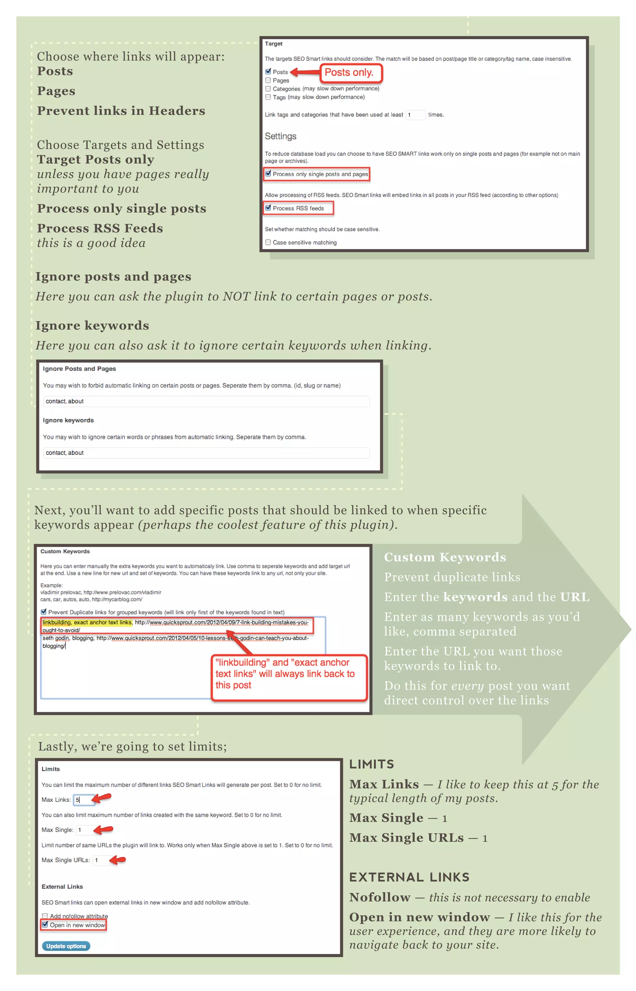 Choose where links will appear:
Posts
Pages
Prevent links in Headers
Choose T argets and Settings
Target Posts only
u n l e ss y ou hav e page s re al l y
importan t to y ou
Process only single posts
Process R S S Feeds
this is a good ide a
I gnore posts and pages
H e re y ou can ask the pl u gin to N O T l in k to ce rtain page s or posts.
I gnore keywords
H e re y ou can al so ask it to ign ore ce rtain ke y words whe n l in kin g.
N ex t, you’ ll want to add specific posts that should be linked to when specific
keywords appear ( pe rhaps the cool e st fe atu re of this pl u gin ) .
LIMITS
M ax L inks — I l ike to ke e p this at 5 for the
ty pical l e n gth of my posts.
M ax S ingle — 1
M ax S ingle UR L s — 1
EXTERNAL LINKS
Nofollow — this is n ot n e ce ssary to e n ab l e
O pen in new window — I l ike this for the
u se r e x pe rie n ce , an d the y are more l ike l y to
n av igate b ack to y ou r site .
L astly, we’ re going to set limits;
C ustom K eywords
P revent duplicate links
E nter the keywords and the UR L
E nter as many keywords as you’ d
like, comma separated
E nter the UR L you want those
keywords to link to.
D o this for e v e ry post you want
direct control over the links
 