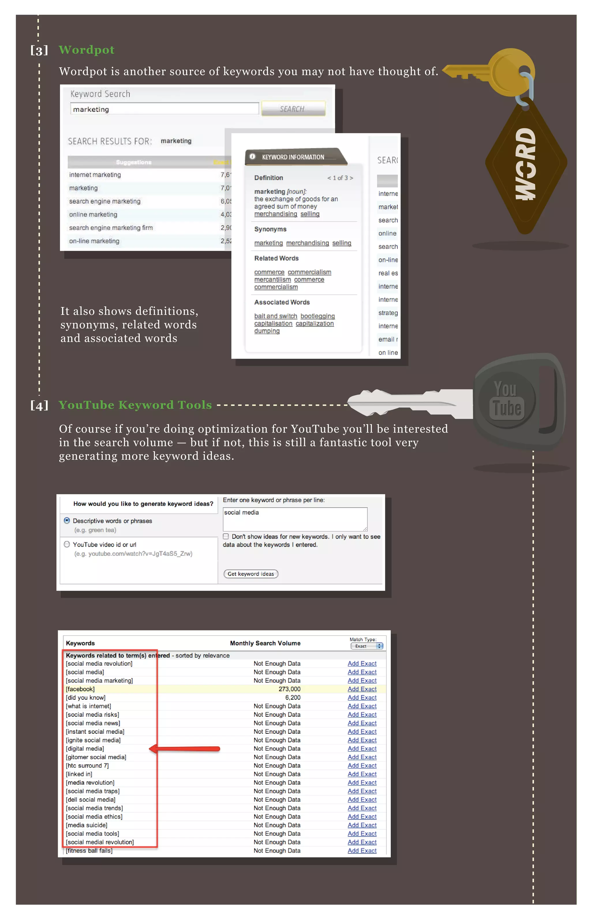 W ordpot is another source of keywords you may not have thought of.
It also shows definitions,
synonyms, related words
and associated words
O f course if you’ re doing optimization for YouT ube you’ ll be interested
in the search volume — but if not, this is still a fantastic tool very
generating more keyword ideas.
[3] W ordpot
[4] YouTube K eyword Tools
 