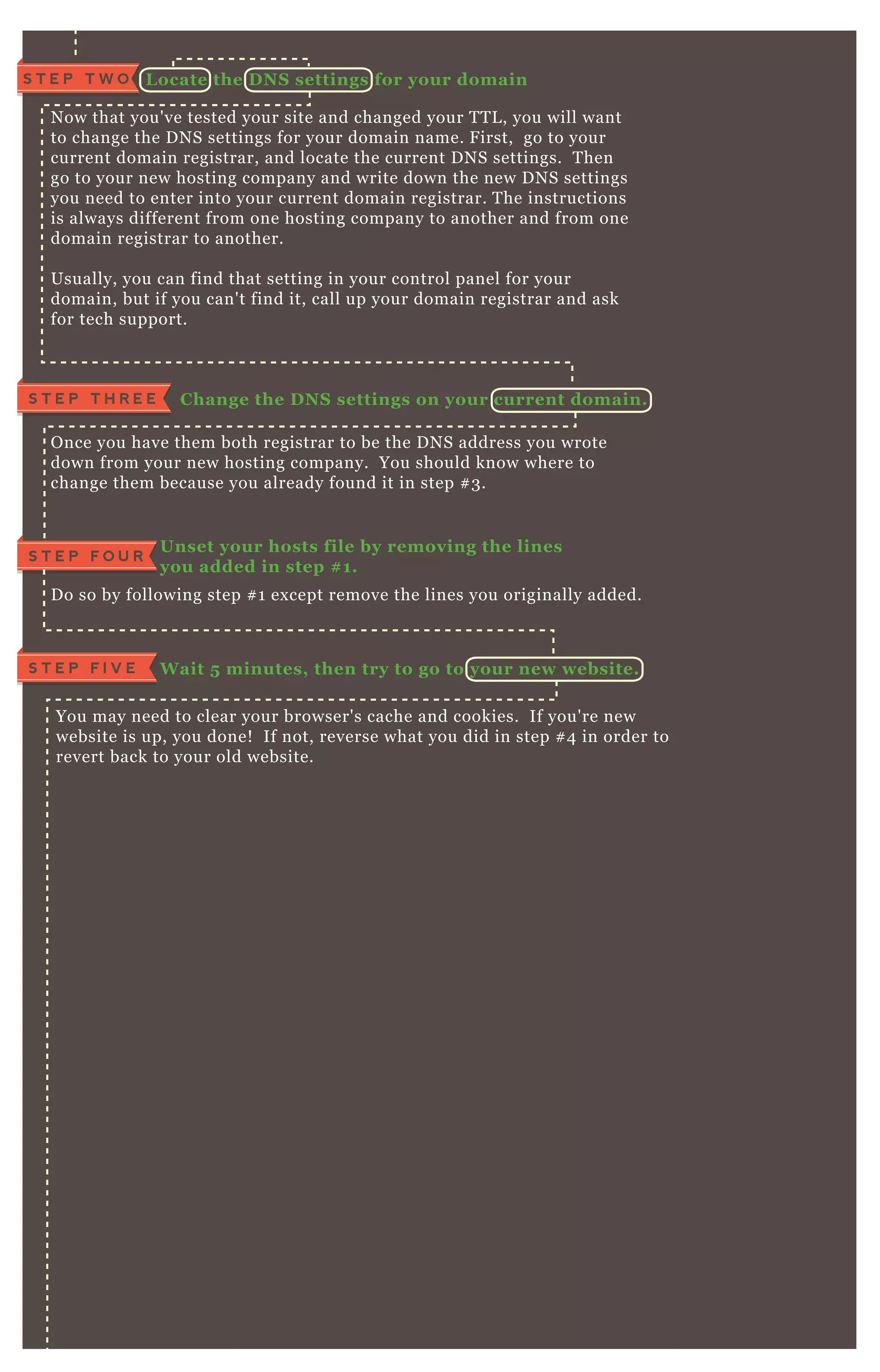L ocate the D NS settings for your domainS T E P T W O
N ow that you' ve tested your site and changed your T T L , you will want
to change the D N S settings for your domain name. F irst, go to your
current domain registrar, and locate the current D N S settings. T hen
go to your new hosting company and write down the new D N S settings
you need to enter into your current domain registrar. T he instructions
is always different from one hosting company to another and from one
domain registrar to another.
Usually, you can find that setting in your control panel for your
domain, but if you can' t find it, call up your domain registrar and ask
for tech support.
C hange the D NS settings on your current domain.S T E P T H R E E
O nce you have them both registrar to be the D N S address you wrote
down from your new hosting company. You should know where to
change them because you already found it in step # 3 .
Unset your hosts file by removing the lines
you added in step # 1.
S T E P F O U R
D o so by following step # 1 ex cept remove the lines you originally added.
W ait 5 minutes, then try to go to your new website.S T E P F I V E
You may need to clear your browser' s cache and cookies. If you' re new
website is up, you done! If not, reverse what you did in step # 4 in order to
revert back to your old website.
 