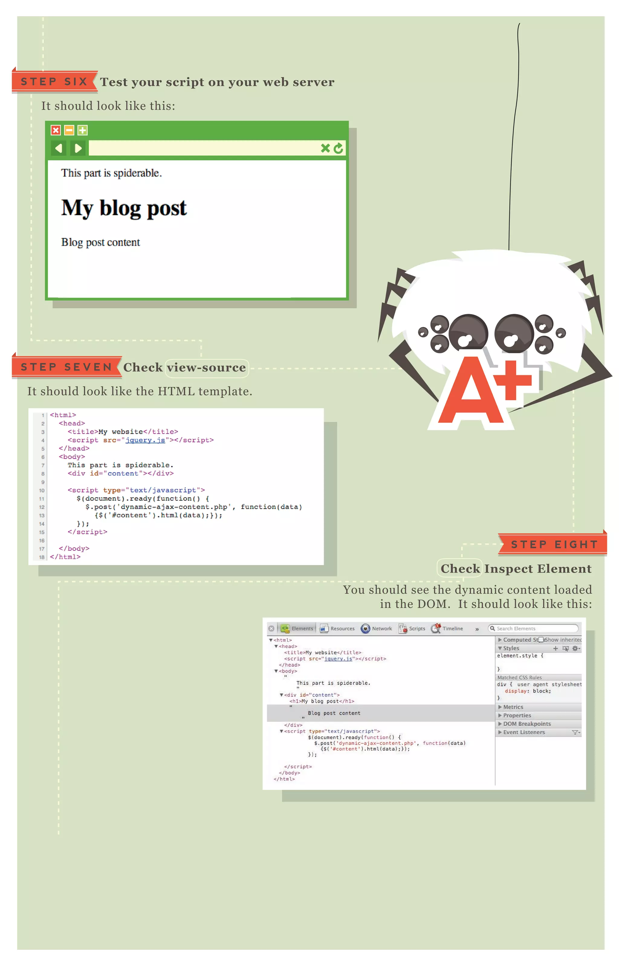 It should look like this:
Test your script on your web serverS T E P S I X
It should look like the H T M L template.
C heck view- sourceS T E P S E V E N
You should see the dynamic content loaded
in the D O M . It should look like this:
S T E P E I G H T
C heck I nspect Element
 