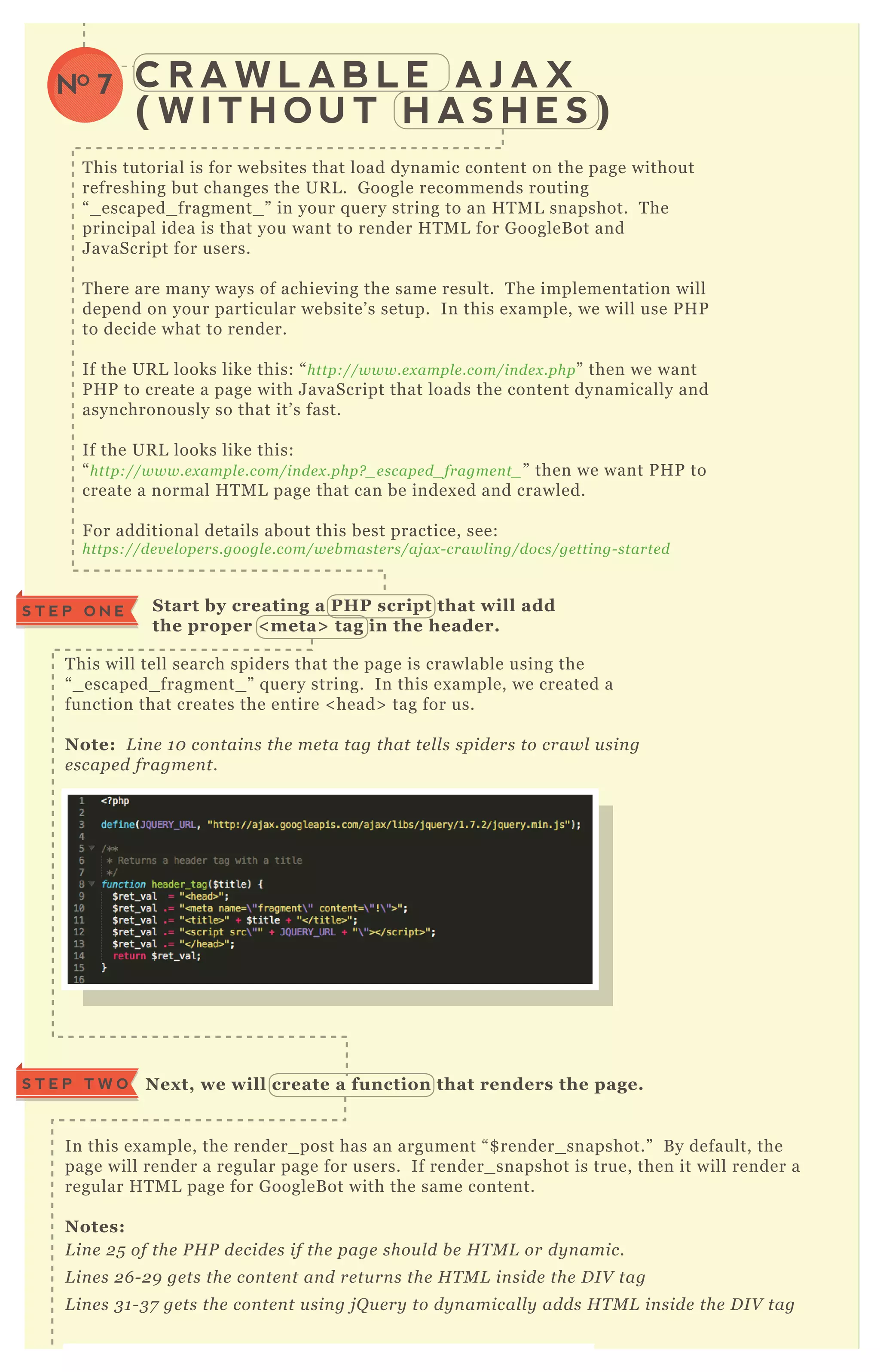 C R A W L A B L E A J A X
( W I T H O U T H A S H E S )
NO 7
T his tutorial is for websites that load dynamic content on the page without
refreshing but changes the UR L . G oogle recommends routing
“ _ escaped_ fragment_ ” in your q uery string to an H T M L snapshot. T he
principal idea is that you want to render H T M L for G oogleB ot and
J avaScript for users.
T here are many ways of achieving the same result. T he implementation will
depend on your particular website’ s setup. In this ex ample, we will use P H P
to decide what to render.
If the UR L looks like this: “ http://www.e x ampl e .com/in de x .php” then we want
P H P to create a page with J avaScript that loads the content dynamically and
asynchronously so that it’ s fast.
If the UR L looks like this:
“ http://www.e x ampl e .com/in de x .php? _ e scape d_ fragme n t_ ” then we want P H P to
create a normal H T M L page that can be index ed and crawled.
F or additional details about this best practice, see:
https://de v e l ope rs.googl e .com/we b maste rs/aj ax - crawl in g/docs/ge ttin g- starte d
T his will tell search spiders that the page is crawlable using the
“ _ escaped_ fragment_ ” q uery string. In this ex ample, we created a
function that creates the entire < head> tag for us.
Note: L in e 1 0 con tain s the me ta tag that te l l s spide rs to crawl u sin g
e scape d fragme n t.
S tart by creating a PHP script that will add
the proper < meta> tag in the header.
S T E P O N E
In this ex ample, the render_ post has an argument “ $ render_ snapshot.” B y default, the
page will render a regular page for users. If render_ snapshot is true, then it will render a
regular H T M L page for G oogleB ot with the same content.
Notes:
L in e 2 5 of the P H P de cide s if the page shou l d b e H T M L or dy n amic.
L in e s 2 6 - 2 9 ge ts the con te n t an d re tu rn s the H T M L in side the D I V tag
L in e s 3 1 - 3 7 ge ts the con te n t u sin g j Q u e ry to dy n amical l y adds H T M L in side the D I V tag
Nex t, we will create a function that renders the page.S T E P T W O
 