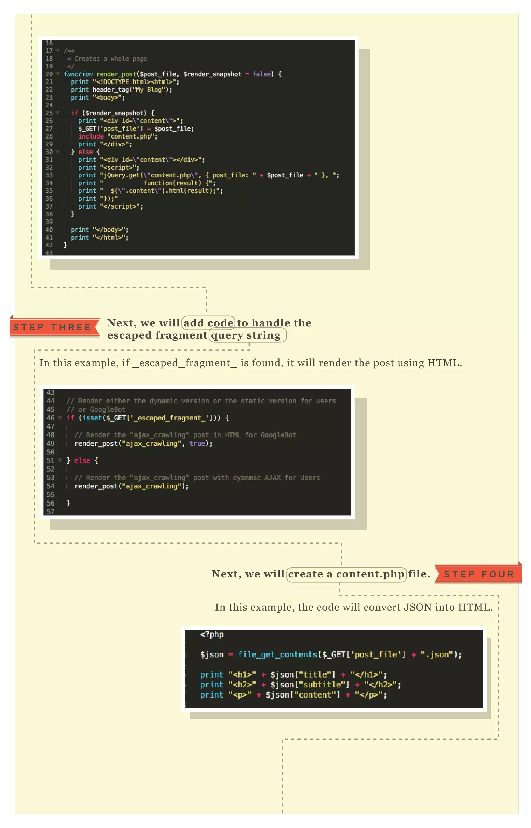 In this ex ample, if _ escaped_ fragment_ is found, it will render the post using H T M L .
Nex t, we will add code to handle the
escaped fragment q uery string
S T E P T H R E E
In this ex ample, the code will convert J SO N into H T M L .
Nex t, we will create a content.php file. S T E P F O U R
 