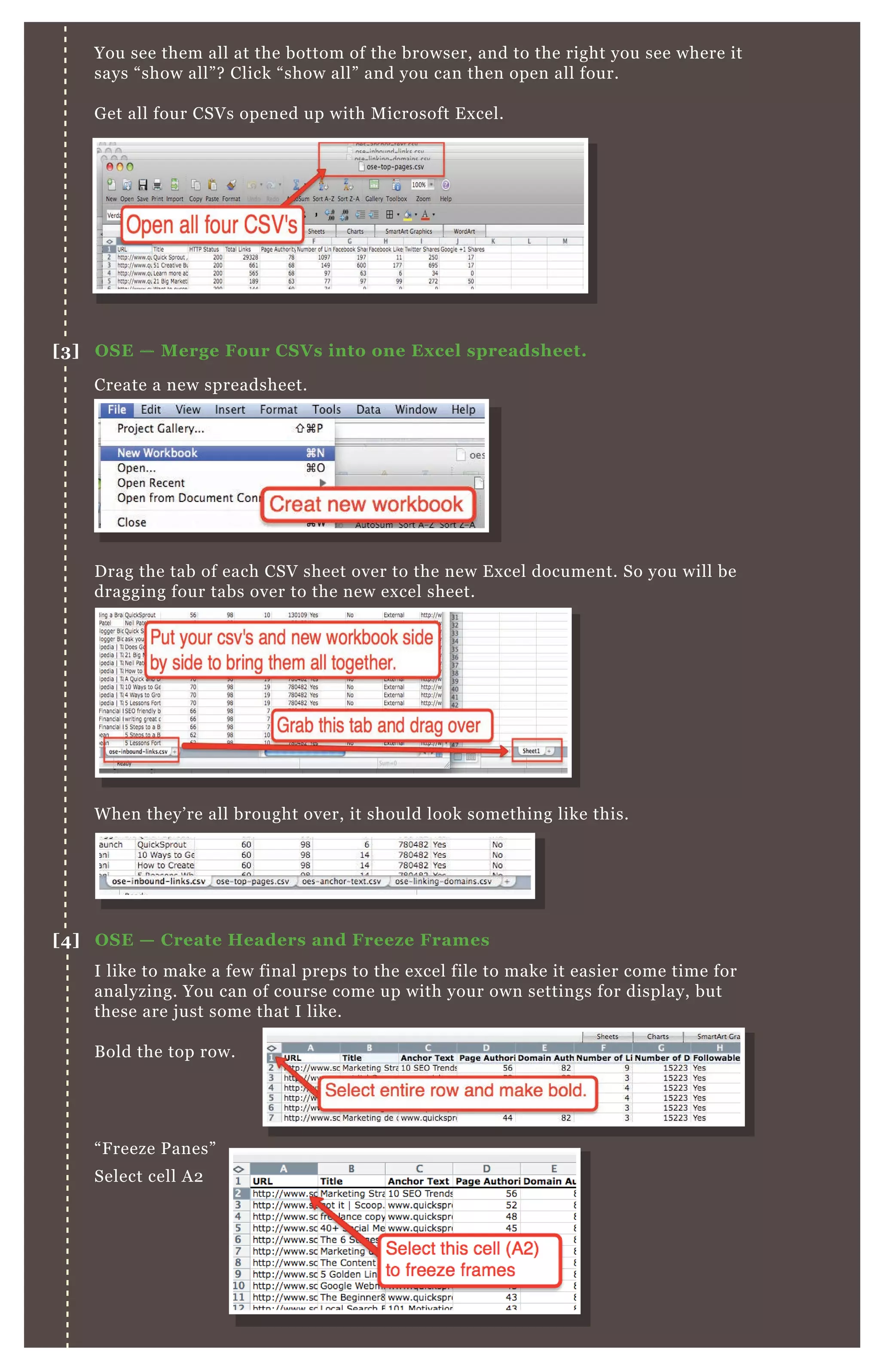 You see them all at the bottom of the browser, and to the right you see where it
says “show all”? Click “show all” and you can then open all four.
Get all four CSVs opened up with Microsoft Excel.
Create a new spreadsheet.
Drag the tab of each CSV sheet over to the new Excel document. So you will be
dragging four tabs over to the new excel sheet.
I like to make a few final preps to the excel file to make it easier come time for
analyzing. You can of course come up with your own settings for display, but
these are just some that I like.
Bold the top row.
“Freeze Panes”
Select cell A2
When they’re all brought over, it should look something like this.
[3] OSE — Merge Four CSVs into one Excel spreadsheet.
[4] OSE — Create Headers and Freeze Frames
 