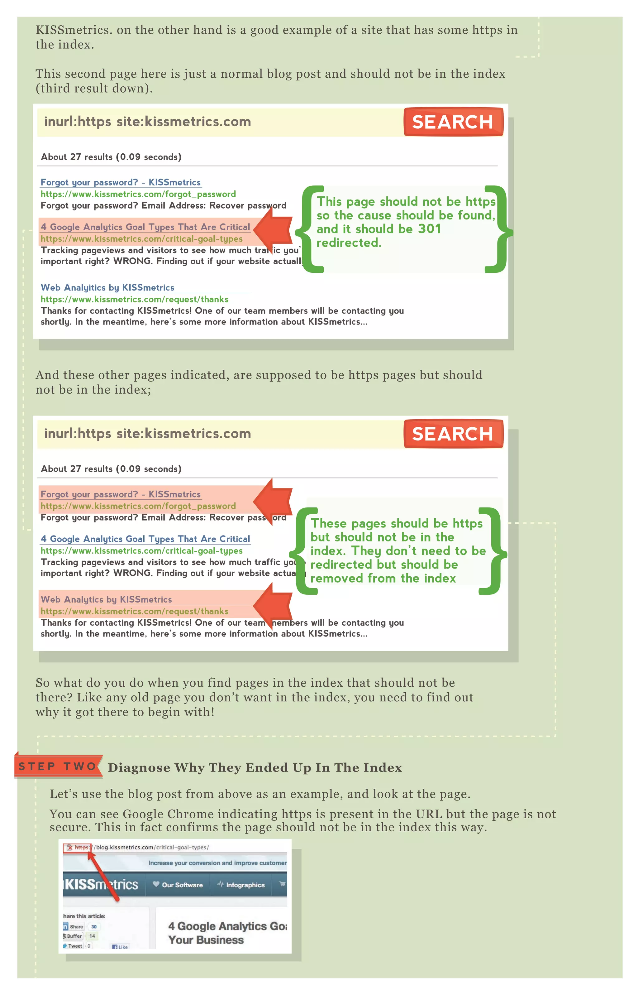K ISSmetrics. on the other hand is a good ex ample of a site that has some https in
the index .
T his second page here is j ust a normal blog post and should not be in the index
( third result down) .
A nd these other pages indicated, are supposed to be https pages but should
not be in the index ;
So what do you do when you find pages in the index that should not be
there? L ike any old page you don’ t want in the index , you need to find out
why it got there to begin with!
inurl:https site:kissmetrics.com SEARCHSEARCH
About 27 results (0.09 seconds)
Forgot your password? Email Address: Recover password
https://www.kissmetrics.com/forgot_password
Forgot your password? - KISSmetrics
Tracking pageviews and visitors to see how much traffic you’re getting is incredibly
important right? WRONG. Finding out if your website actually helps your...
https://www.kissmetrics.com/critical-goal-types
4 Google Analytics Goal Types That Are Critical
Thanks for contacting KISSmetrics! One of our team members will be contacting you
shortly. In the meantime, here’s some more information about KISSmetrics...
https://www.kissmetrics.com/request/thanks
Web Analytics by KISSmetrics
These pages should be https
but should not be in the
index. They don’t need to be
redirected but should be
removed from the index
https://www.kissmetrics.com/forgot_password
Forgot your password? - KISSmetrics
https://www.kissmetrics.com/request/thanks
Web Analytics by KISSmetrics
inurl:https site:kissmetrics.com SEARCHSEARCH
About 27 results (0.09 seconds)
Forgot your password? Email Address: Recover password
https://www.kissmetrics.com/forgot_password
Forgot your password? - KISSmetrics
Tracking pageviews and visitors to see how much traffic you’re getting is incredibly
important right? WRONG. Finding out if your website actually helps your...
https://www.kissmetrics.com/critical-goal-types
4 Google Analytics Goal Types That Are Critical
Thanks for contacting KISSmetrics! One of our team members will be contacting you
shortly. In the meantime, here’s some more information about KISSmetrics...
https://www.kissmetrics.com/request/thanks
Web Analyitics by KISSmetrics
This page should not be https
so the cause should be found,
and it should be 301
redirected.https://www.kissmetrics.com/critical-goal-types
4 Google Analytics Goal Types That Are Critical
L et’ s use the blog post from above as an ex ample, and look at the page.
You can see G oogle Chrome indicating https is present in the UR L but the page is not
secure. T his in fact confirms the page should not be in the index this way.
D iagnose W hy They Ended Up I n The I ndexS T E P T W O
 