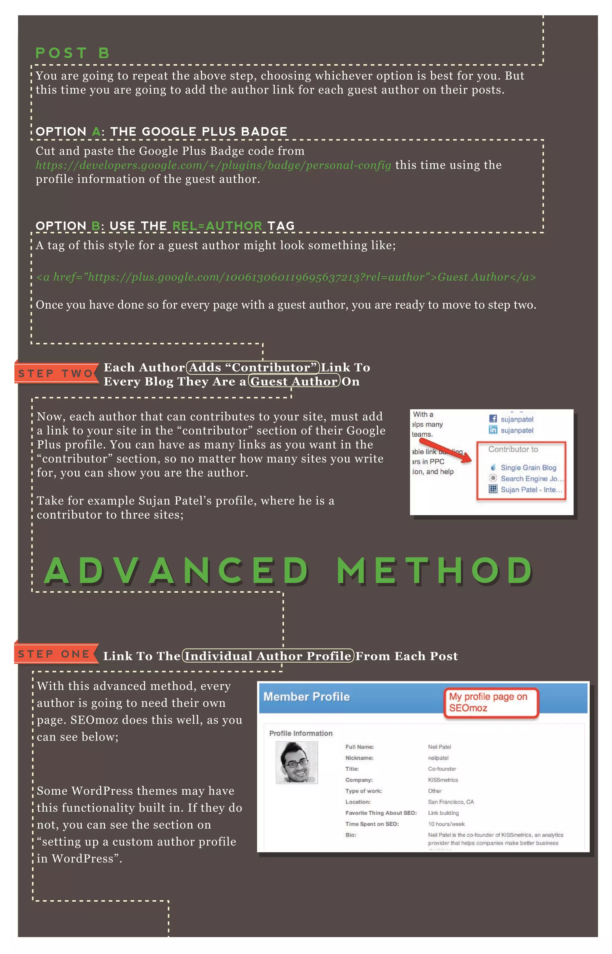 A D V A N C E D M E T H O DA D V A N C E D M E T H O D
You are going to repeat the above step, choosing whichever option is best for you. B ut
this time you are going to add the author link for each guest author on their posts.
OPTION A: THE GOOGLE PLUS BADGE
Cut and paste the G oogle P lus B adge code from
https://de v e l ope rs.googl e .com/+ /pl u gin s/b adge /pe rson al - con fig this time using the
profile information of the guest author.
OPTION B: USE THE REL=AUTHOR TAG
A tag of this style for a guest author might look something like;
< a hre f= " https://pl u s.googl e .com/1 0 0 6 1 3 0 6 0 1 1 9 6 9 5 6 3 7 2 1 3 ? re l = au thor" > G u e st A u thor< /a>
O nce you have done so for every page with a guest author, you are ready to move to step two.
N ow, each author that can contributes to your site, must add
a link to your site in the “ contributor” section of their G oogle
P lus profile. You can have as many links as you want in the
“ contributor” section, so no matter how many sites you write
for, you can show you are the author.
T ake for ex ample Suj an P atel’ s profile, where he is a
contributor to three sites;
W ith this advanced method, every
author is going to need their own
page. SE O moz does this well, as you
can see below;
Some W ordP ress themes may have
this functionality built in. If they do
not, you can see the section on
“ setting up a custom author profile
in W ordP ress” .
S T E P O N E L ink To The I ndividual A uthor Profile From Each Post
P O S T B
Each A uthor A dds “ C ontributor” L ink To
Every B log They A re a G uest A uthor O n
S T E P T W O
 