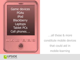 Game devices
     PDAs
     iPod
 Blackberry
   Laptops
 Tablet PCs
Cell phones….
                   ….all these & more
  ...