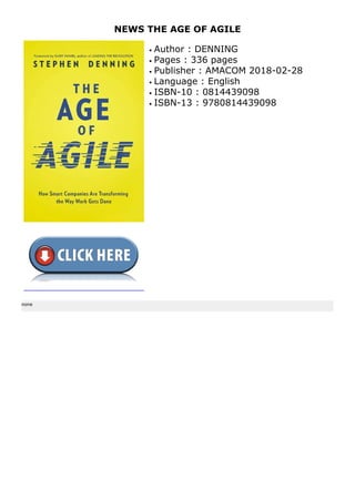 NEWS THE AGE OF AGILE
Author : DENNINGq
Pages : 336 pagesq
Publisher : AMACOM 2018-02-28q
Language : Englishq
ISBN-10 : 0814439098q
ISBN-13 : 9780814439098q
none
THE AGE OF AGILE
 
