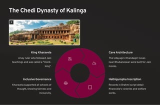 The Chedi Dynasty of Kalinga
King Kharavela
A key ruler who followed Jain
teachings and was called a "monk-
king".
Cave Architecture
The Udayagiri-Khandagiri Caves
near Bhubaneswar were built for Jain
monks.
Hathigumpha Inscription
Records in Brahmi script detail
Kharavela's victories and welfare
works.
Inclusive Governance
Kharavela supported all schools of
thought, showing fairness and
inclusivity.
 