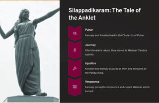 Silappadikaram: The Tale of
the Anklet
Puhar
Kannagi and Kovalan lived in the Chola city of Puhar.
Journey
After Kovalan's return, they moved to Madurai (Pandya
capital).
Injustice
Kovalan was wrongly accused of theft and executed by
the Pandya king.
Vengeance
Kannagi proved his innocence and cursed Madurai, which
burned.
 