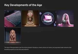 Key Developments of the Age
The Age of Reorganisation saw flourishing Sanskrit literature, mixed cultural art styles, and expanded trade networks that
boosted prosperity across the subcontinent.
 