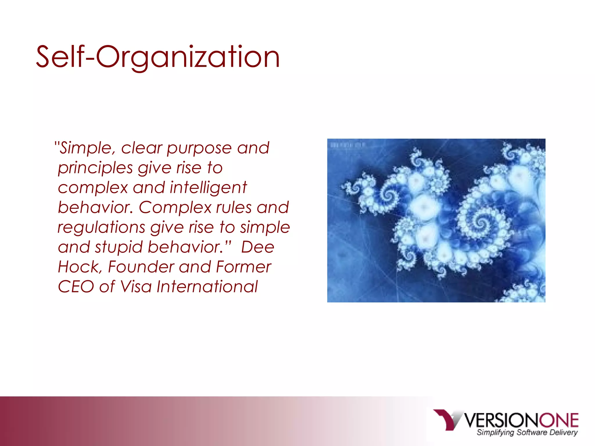 Self-Organization &quot; Simple, clear purpose and principles give rise to complex and intelligent behavior. Complex rules and regulations give rise to simple and stupid behavior.”  Dee Hock, Founder and Former CEO of Visa International  