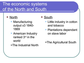 The economic systems  of the North and South North Manufacturing output x3 1840-1869 American Industry ranked 3 rd  in the world =The Industrial North South Little industry in cotton and tobacco Plantations dependant on slave labor =The Agricultural South 