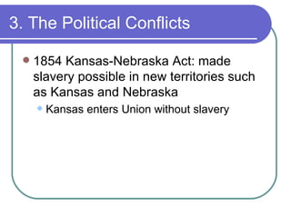 3. The Political Conflicts 1854 Kansas-Nebraska Act: made slavery possible in new territories such as Kansas and Nebraska Kansas enters Union without slavery 