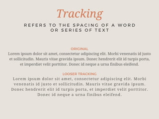 Tracking
ORIGINAL
Lorem ipsum dolor sit amet, consectetur adipiscing elit. Morbi venenatis id justo  
et sollicitudin. Mauris vitae gravida ipsum. Donec hendrerit elit id turpis porta,  
et imperdiet velit porttitor. Donec id neque a urna finibus eleifend.
LOOSER TRACKING
Lorem ipsum dolor sit amet, consectetur adipiscing elit. Morbi
venenatis id justo et sollicitudin. Mauris vitae gravida ipsum.  
Donec hendrerit elit id turpis porta, et imperdiet velit porttitor.
Donec id neque a urna finibus eleifend.
R E F E R S T O T H E S P A C I N G O F A W O R D  
O R S E R I E S O F T E X T
 