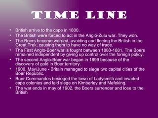 Time line British arrive to the cape in 1800. The British were forced to act in the Anglo-Zulu war. They won. The Boers become worried, avoiding and fleeing the British in the Great Trek, causing them to have no way of trade. The First Anglo-Boer war is fought between 1880-1881. The Boers remained independent by giving up control over the foreign policy. The second Anglo-Boer war began in 1899 because of the discovery of gold in Boer territory. 1900, May/June - Britain managed to siege two capital cities of the Boer Republic. Boer Commandos besieged the town of Ladysmith and invaded cape colonies and laid siege on Kimberley and Mafeking. The war ends in may of 1902, the Boers surrender and lose to the British  