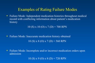 Examples of Rating Failure Modes Failure Mode: Independent medication histories throughout medical record with conflicting information about patient’s medication history 10 (S) x 10 (O) x 7 (D) = 700 RPN Failure Mode: Inaccurate medication history obtained 10 (S) x 8 (O) x 7 (D) = 560 RPN Failure Mode: Incomplete and/or incorrect medication orders upon admission 10 (S) x 9 (O) x 8 (D) = 720 RPN 