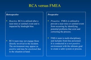 RCA versus FMEA Retrospective Reactive . RCA is utilized after a near-miss or sentinel event and is impacted by hindsight bias. RCA team may not engage those directly involved in the incident.  The environment may appear as  punitive  and may be  emotional  due to the situation at hand. Prospective Proactive .  FMEA is utilized to prevent a near-miss or sentinel event from occurring by identifying potential problems that exist and correcting the process. FMEA team is multi-disciplinary and includes front-line personnel.  It is conducted in a  non-punitive  environment with the ultimate goal to create a safer system or process. 