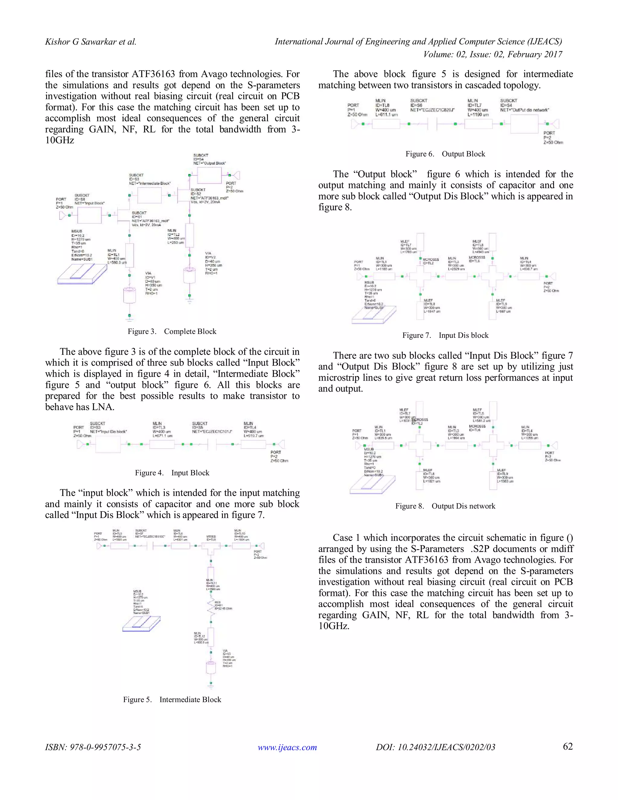 Kishor G Sawarkar et al. International Journal of Engineering and Applied Computer Science (IJEACS)
Volume: 02, Issue: 02, February 2017
ISBN: 978-0-9957075-3-5 www.ijeacs.com DOI: 10.24032/IJEACS/0202/03 62
files of the transistor ATF36163 from Avago technologies. For
the simulations and results got depend on the S-parameters
investigation without real biasing circuit (real circuit on PCB
format). For this case the matching circuit has been set up to
accomplish most ideal consequences of the general circuit
regarding GAIN, NF, RL for the total bandwidth from 3-
10GHz
Figure 3. Complete Block
The above figure 3 is of the complete block of the circuit in
which it is comprised of three sub blocks called “Input Block”
which is displayed in figure 4 in detail, “Intermediate Block”
figure 5 and “output block” figure 6. All this blocks are
prepared for the best possible results to make transistor to
behave has LNA.
Figure 4. Input Block
The “input block” which is intended for the input matching
and mainly it consists of capacitor and one more sub block
called “Input Dis Block” which is appeared in figure 7.
Figure 5. Intermediate Block
The above block figure 5 is designed for intermediate
matching between two transistors in cascaded topology.
Figure 6. Output Block
The “Output block” figure 6 which is intended for the
output matching and mainly it consists of capacitor and one
more sub block called “Output Dis Block” which is appeared in
figure 8.
Figure 7. Input Dis block
There are two sub blocks called “Input Dis Block” figure 7
and “Output Dis Block” figure 8 are set up by utilizing just
microstrip lines to give great return loss performances at input
and output.
Figure 8. Output Dis network
Case 1 which incorporates the circuit schematic in figure ()
arranged by using the S-Parameters .S2P documents or mdiff
files of the transistor ATF36163 from Avago technologies. For
the simulations and results got depend on the S-parameters
investigation without real biasing circuit (real circuit on PCB
format). For this case the matching circuit has been set up to
accomplish most ideal consequences of the general circuit
regarding GAIN, NF, RL for the total bandwidth from 3-
10GHz.
 