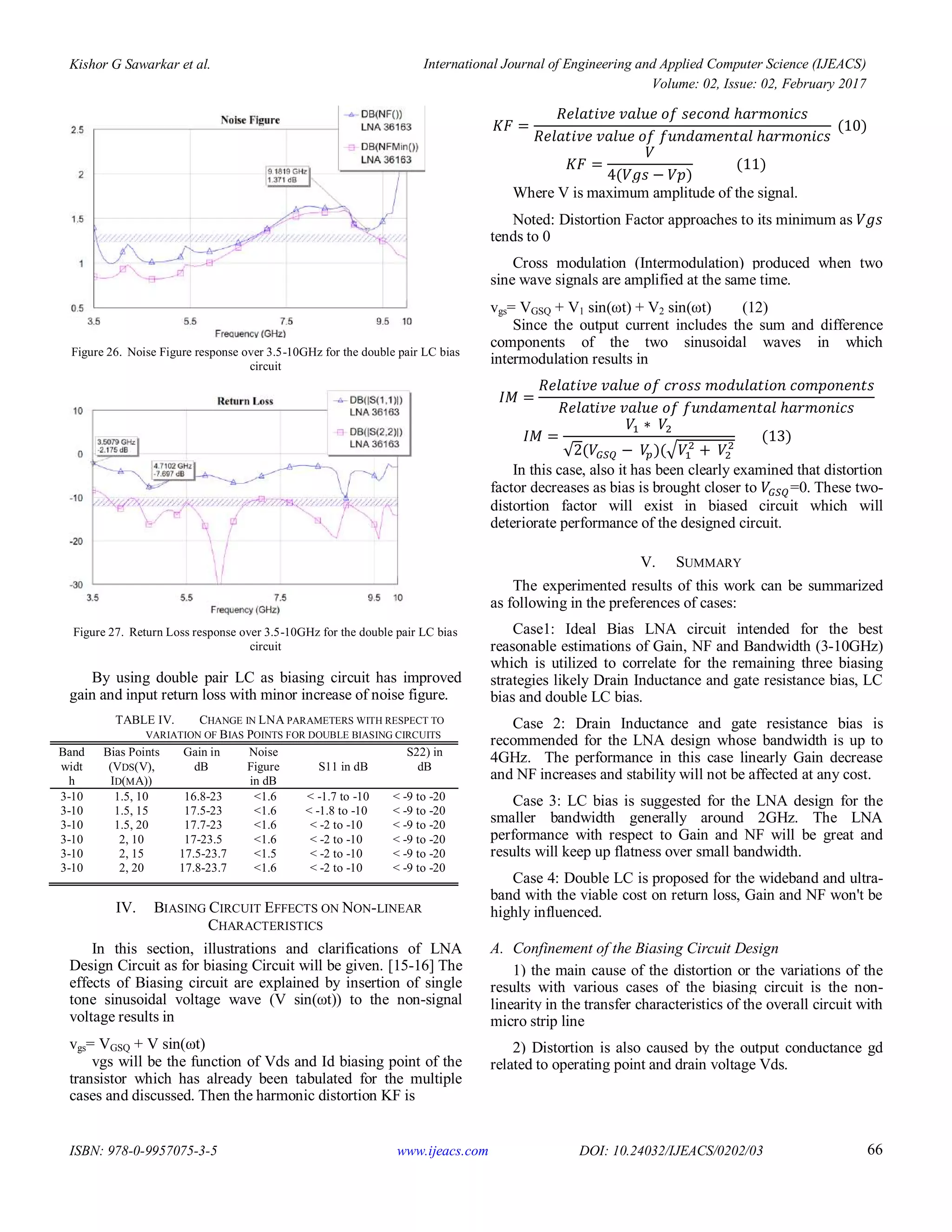 Kishor G Sawarkar et al. International Journal of Engineering and Applied Computer Science (IJEACS)
Volume: 02, Issue: 02, February 2017
ISBN: 978-0-9957075-3-5 www.ijeacs.com DOI: 10.24032/IJEACS/0202/03 66
Figure 26. Noise Figure response over 3.5-10GHz for the double pair LC bias
circuit
Figure 27. Return Loss response over 3.5-10GHz for the double pair LC bias
circuit
By using double pair LC as biasing circuit has improved
gain and input return loss with minor increase of noise figure.
TABLE IV. CHANGE IN LNA PARAMETERS WITH RESPECT TO
VARIATION OF BIAS POINTS FOR DOUBLE BIASING CIRCUITS
Band
widt
h
Bias Points
(VDS(V),
ID(MA))
Gain in
dB
Noise
Figure
in dB
S11 in dB
S22) in
dB
3-10 1.5, 10 16.8-23 <1.6 < -1.7 to -10 < -9 to -20
3-10 1.5, 15 17.5-23 <1.6 < -1.8 to -10 < -9 to -20
3-10 1.5, 20 17.7-23 <1.6 < -2 to -10 < -9 to -20
3-10 2, 10 17-23.5 <1.6 < -2 to -10 < -9 to -20
3-10 2, 15 17.5-23.7 <1.5 < -2 to -10 < -9 to -20
3-10 2, 20 17.8-23.7 <1.6 < -2 to -10 < -9 to -20
IV. BIASING CIRCUIT EFFECTS ON NON-LINEAR
CHARACTERISTICS
In this section, illustrations and clarifications of LNA
Design Circuit as for biasing Circuit will be given. [15-16] The
effects of Biasing circuit are explained by insertion of single
tone sinusoidal voltage wave (V sin(ωt)) to the non-signal
voltage results in
vgs= VGSQ + V sin(ωt)
vgs will be the function of Vds and Id biasing point of the
transistor which has already been tabulated for the multiple
cases and discussed. Then the harmonic distortion KF is
Where V is maximum amplitude of the signal.
Noted: Distortion Factor approaches to its minimum as
tends to 0
Cross modulation (Intermodulation) produced when two
sine wave signals are amplified at the same time.
vgs= VGSQ + V1 sin(ωt) + V2 sin(ωt) (12)
Since the output current includes the sum and difference
components of the two sinusoidal waves in which
intermodulation results in
√ √
In this case, also it has been clearly examined that distortion
factor decreases as bias is brought closer to =0. These two-
distortion factor will exist in biased circuit which will
deteriorate performance of the designed circuit.
V. SUMMARY
The experimented results of this work can be summarized
as following in the preferences of cases:
Case1: Ideal Bias LNA circuit intended for the best
reasonable estimations of Gain, NF and Bandwidth (3-10GHz)
which is utilized to correlate for the remaining three biasing
strategies likely Drain Inductance and gate resistance bias, LC
bias and double LC bias.
Case 2: Drain Inductance and gate resistance bias is
recommended for the LNA design whose bandwidth is up to
4GHz. The performance in this case linearly Gain decrease
and NF increases and stability will not be affected at any cost.
Case 3: LC bias is suggested for the LNA design for the
smaller bandwidth generally around 2GHz. The LNA
performance with respect to Gain and NF will be great and
results will keep up flatness over small bandwidth.
Case 4: Double LC is proposed for the wideband and ultra-
band with the viable cost on return loss, Gain and NF won't be
highly influenced.
A. Confinement of the Biasing Circuit Design
1) the main cause of the distortion or the variations of the
results with various cases of the biasing circuit is the non-
linearity in the transfer characteristics of the overall circuit with
micro strip line
2) Distortion is also caused by the output conductance gd
related to operating point and drain voltage Vds.
 