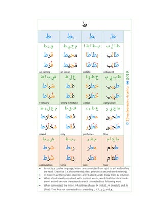 ‫ط‬
©IbnulyemenArabic2019
‫ﻃ‬‫ـ‬‫ـ‬‫ﻄ‬‫ـ‬‫ـ‬‫ﻂ‬‫ط‬
‫ب‬ ‫ل‬ ‫ا‬ ‫ط‬‫ا‬ ‫ط‬ ‫ا‬ ‫ط‬ ‫ب‬‫ط‬ ‫ي‬ ‫ح‬ ‫م‬‫ط‬ ‫ر‬ ‫ق‬
‫ﻃ‬‫ﺎ‬‫ﻟ‬‫ﺐ‬‫ﺑ‬‫ﻄ‬‫ﺎ‬‫ﻃ‬‫ﺎ‬‫ﻣ‬‫ﺤ‬‫ﻴ‬‫ﻂ‬‫ﻗ‬‫ﺮ‬‫ط‬
‫ﻃ‬َ‫ﺎ‬‫ﻟ‬ِ‫ﺐ‬
a student
‫ﺑ‬َ‫ﻄ‬َ‫ﺎ‬‫ﻃ‬َ‫ﺎ‬
potato
‫ﻣ‬ُ‫ﺤ‬ِ‫ﻴ‬ْ‫ﻂ‬
an ocean
‫ﻗ‬ُ‫ﺮ‬ْ‫ط‬
an earring
‫ب‬ ‫ي‬ ‫ب‬ ‫ط‬‫ة‬ ‫و‬ ‫ط‬ ‫خ‬‫ط‬ ‫ل‬ ‫غ‬‫ط‬ ‫ا‬ ‫ب‬ ‫ش‬
‫ﻃ‬‫ﺒ‬‫ﻴ‬‫ﺐ‬‫ﺧ‬‫ﻄ‬‫ﻮ‬‫ة‬‫ﻏ‬‫ﻠ‬‫ﻂ‬‫ﺷ‬‫ﺒ‬‫ﺎ‬‫ط‬
‫ﻃ‬َ‫ﺒ‬ِ‫ﻴ‬ْ‫ﺐ‬
a physician
‫ﺧ‬ُ‫ﻄ‬ْ‫ﻮ‬َ‫ة‬
a step
‫ﻏ‬َ‫ﻠ‬َ‫ﻂ‬
wrong / mistake
‫ﺷ‬ُ‫ﺒ‬َ‫ﺎ‬‫ط‬
February
‫ن‬ ‫ي‬ ‫ح‬ ‫ط‬‫ر‬ ‫و‬ ‫ط‬ ‫ع‬‫ط‬ ‫ق‬ ‫ف‬‫ط‬ ‫و‬ ‫ل‬ ‫خ‬ ‫م‬
‫ﻃ‬‫ﺤ‬‫ﻴ‬‫ﻦ‬‫ﻋ‬‫ﻄ‬‫ﻮ‬‫ر‬‫ﻓ‬‫ﻘ‬‫ﻂ‬‫ﻣ‬‫ﺨ‬‫ﻠ‬‫ﻮ‬‫ط‬
‫ﻃ‬َ‫ﺤ‬ِ‫ﻴ‬ْ‫ﻦ‬
flour
‫ﻋ‬ُ‫ﻄ‬ُ‫ﻮ‬ْ‫ر‬
perfumes
‫ﻓ‬َ‫ﻘ‬َ‫ﻂ‬
only
‫ﻣ‬َ‫ﺨ‬ْ‫ﻠ‬ُ‫ﻮ‬ْ‫ط‬
mixed
‫م‬ ‫ا‬ ‫ع‬ ‫ط‬‫ر‬ ‫ط‬ ‫م‬‫ط‬ ‫ب‬ ‫ر‬‫ط‬ ‫ر‬ ‫ش‬
‫ﻃ‬‫ﻌ‬‫ﺎ‬‫م‬‫ﻣ‬‫ﻄ‬‫ﺮ‬‫ر‬‫ﺑ‬‫ﻂ‬‫ﺷ‬‫ﺮ‬‫ط‬
‫ﻃ‬َ‫ﻌ‬َ‫ﺎ‬‫م‬
food
‫ﻣ‬َ‫ﻄ‬َ‫ﺮ‬
rain
‫ر‬َ‫ﺑ‬َ‫ﻂ‬َ
to tie
‫ﺷ‬َ‫ﺮ‬ْ‫ط‬
a stipulation
• Arabic is a cursive language; letters are connected from right to left and so they
are read. Diacritics (i.e. short vowels) affect pronunciation and word meaning.
• In modern written Arabic, diacritics aren’t added; Arabs know them by intuition.
• When short vowels are added, with isolated words, word-final diacritical marks
aren’t added because these words aren’t connected to a following word.
• When connected, the letter ‫ط‬ has three shapes ‫ـ‬‫ﻃ‬ (initial), ‫ـ‬‫ـ‬‫ﻄ‬‫ـ‬‫ـ‬ (medial), and ‫ـﻂ‬‫ـ‬
(final). The ‫ط‬ is not connected to a preceding ‫ا‬, ‫د‬, ‫ذ‬, ‫ر‬, ‫ز‬, and ‫و‬.
 