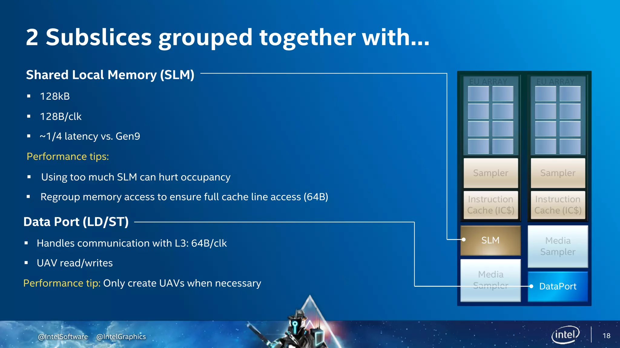 @IntelSoftware @IntelGraphics
DataPort
SLM
2 Subslices grouped together with…
Shared Local Memory (SLM)
§ 128kB
§ 128B/clk
§ ~1/4 latency vs. Gen9
Performance tips:
§ Using too much SLM can hurt occupancy
§ Regroup memory access to ensure full cache line access (64B)
18
Data Port (LD/ST)
§ Handles communication with L3: 64B/clk
§ UAV read/writes
Performance tip: Only create UAVs when necessary
 