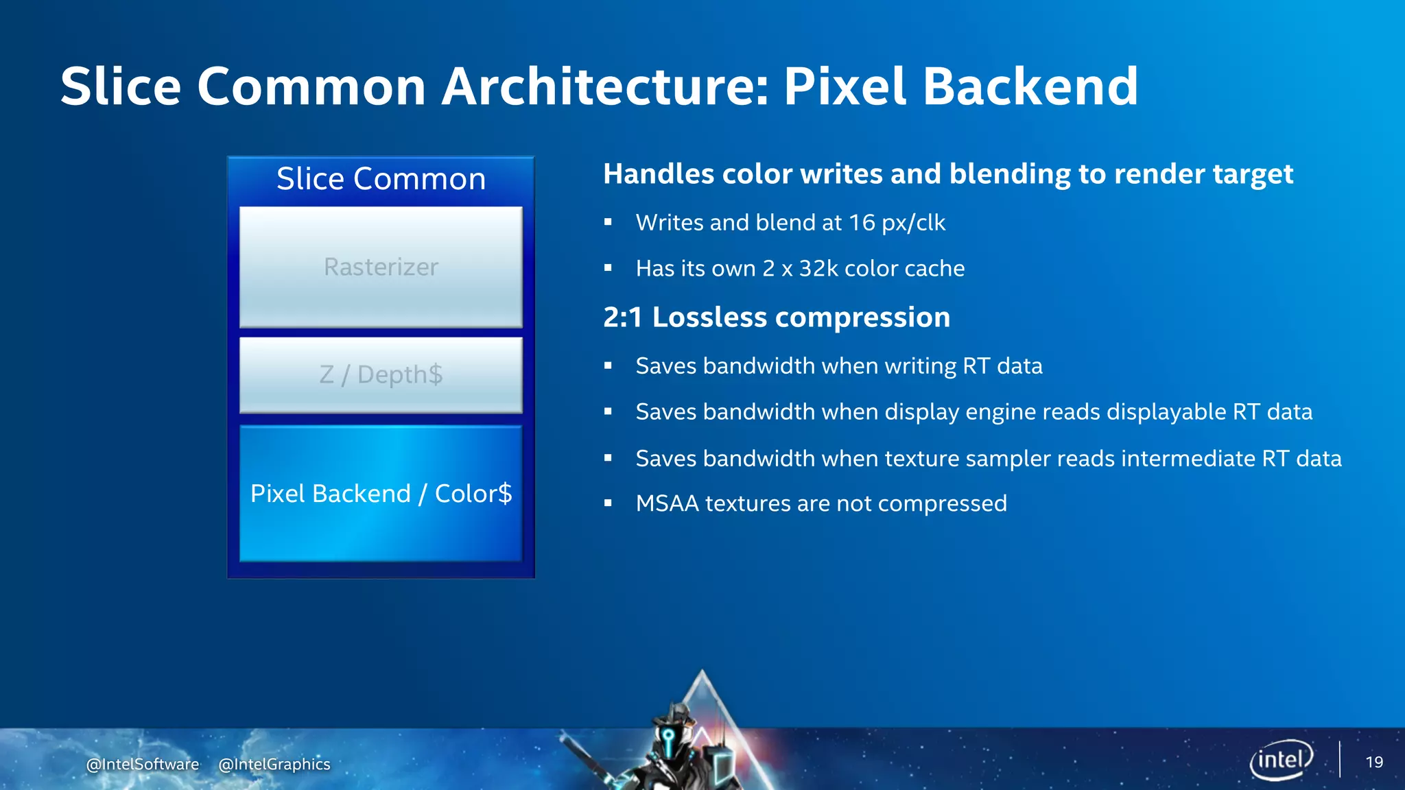 @IntelSoftware @IntelGraphics
Slice Common Architecture: Pixel Backend
Slice Common
Pixel Backend / Color$
Handles color writes and blending to render target
§ Writes and blend at 16 px/clk
§ Has its own 2 x 32k color cache
2:1 Lossless compression
§ Saves bandwidth when writing RT data
§ Saves bandwidth when display engine reads displayable RT data
§ Saves bandwidth when texture sampler reads intermediate RT data
§ MSAA textures are not compressed
19
 