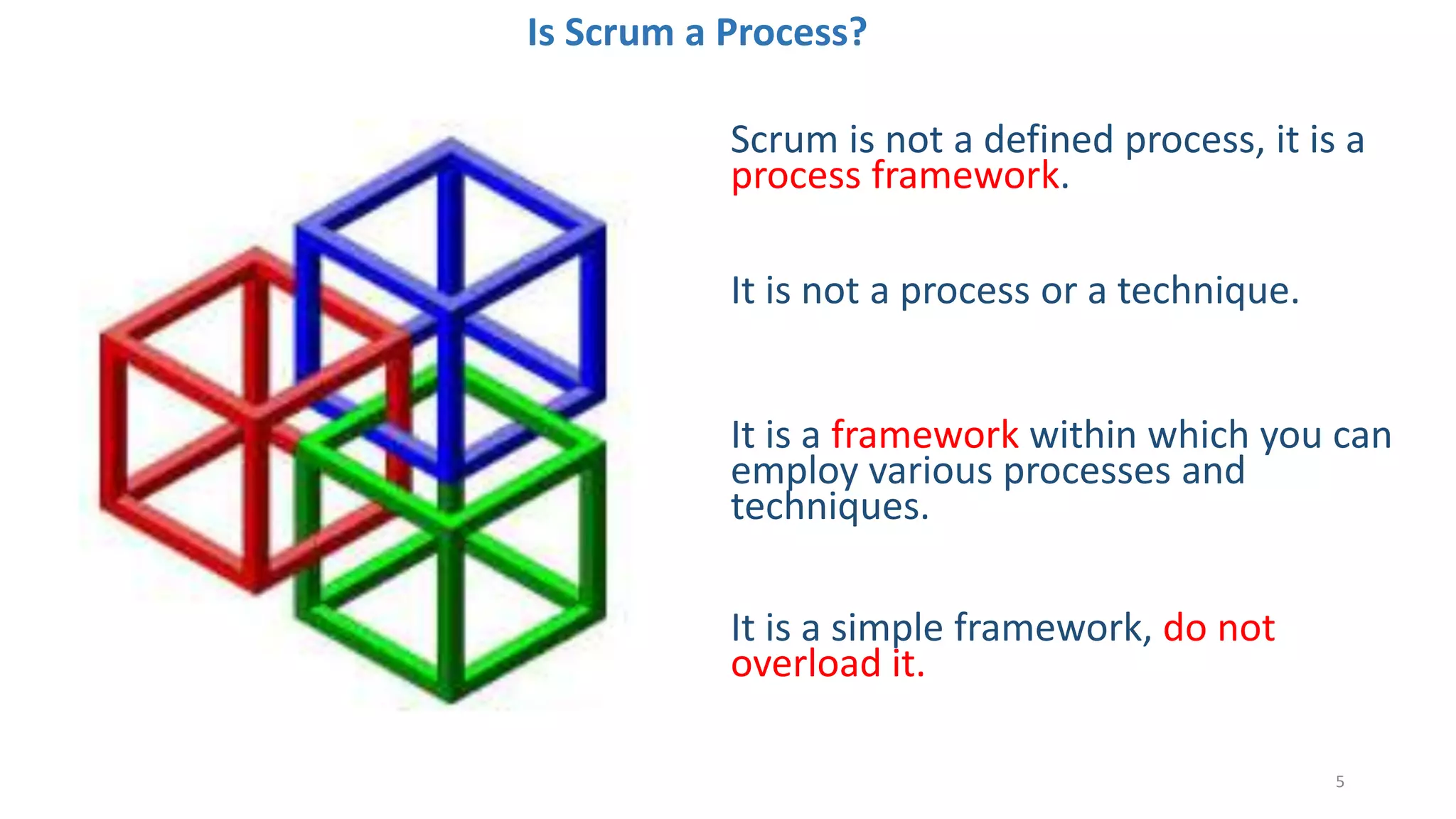 Is Scrum a Process?
Scrum is not a defined process, it is a
process framework.
It is not a process or a technique.
5
It is a framework within which you can
employ various processes and
techniques.
It is a simple framework, do not
overload it.
 