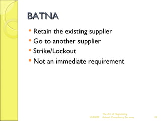 BATNA Retain the existing supplier Go to another supplier Strike/Lockout Not an immediate requirement The Art of Negotiating  Advesh Consultancy Services 06/07/09 