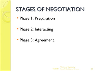 STAGES OF NEGOTIATION Phase 1: Preparation  Phase 2: Interacting Phase 3: Agreement The Art of Negotiating  Advesh Consultancy Services 06/07/09 