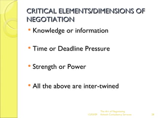 CRITICAL ELEMENTS/DIMENSIONS OF NEGOTIATION Knowledge or information Time or Deadline Pressure Strength or Power All the above are inter-twined The Art of Negotiating  Advesh Consultancy Services 06/07/09 