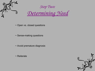 Step Two: Determining Need ~ Open vs. closed questions ~ Sense-making questions ~ Avoid premature diagnosis ~ Reiterate 