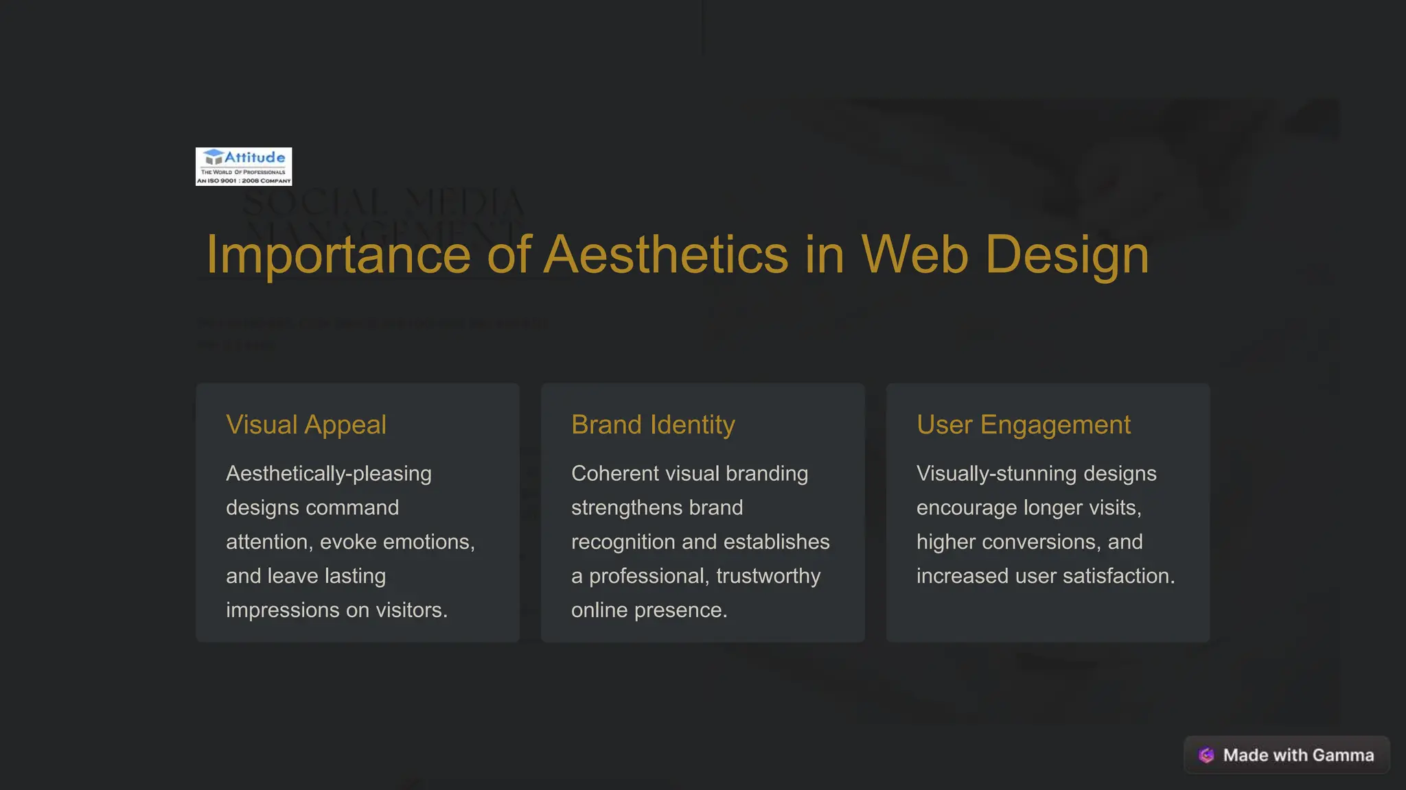 Importance of Aesthetics in Web Design
Visual Appeal
Aesthetically-pleasing
designs command
attention, evoke emotions,
and leave lasting
impressions on visitors.
Brand Identity
Coherent visual branding
strengthens brand
recognition and establishes
a professional, trustworthy
online presence.
User Engagement
Visually-stunning designs
encourage longer visits,
higher conversions, and
increased user satisfaction.
 