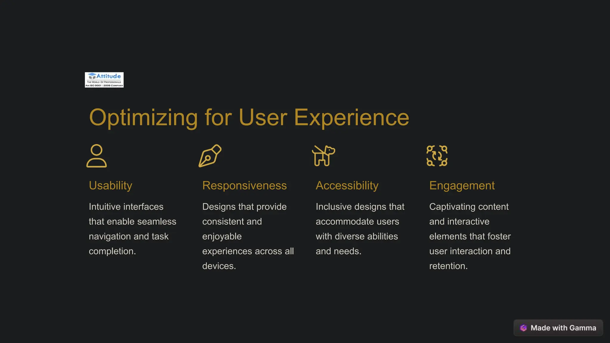 Optimizing for User Experience
Usability
Intuitive interfaces
that enable seamless
navigation and task
completion.
Responsiveness
Designs that provide
consistent and
enjoyable
experiences across all
devices.
Accessibility
Inclusive designs that
accommodate users
with diverse abilities
and needs.
Engagement
Captivating content
and interactive
elements that foster
user interaction and
retention.
 
