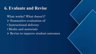 6. Evaluate and Revise
What works? What doesn’t?
 Summative evaluation of:
• Instructional delivery
• Media and materials
 Revise to improve student outcomes.
 
