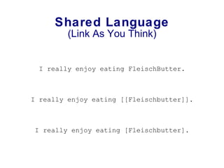 Shared Language (Link As You Think) I really enjoy eating FleischButter. I really enjoy eating [[Fleischbutter]]. I really enjoy eating [Fleischbutter]. 
