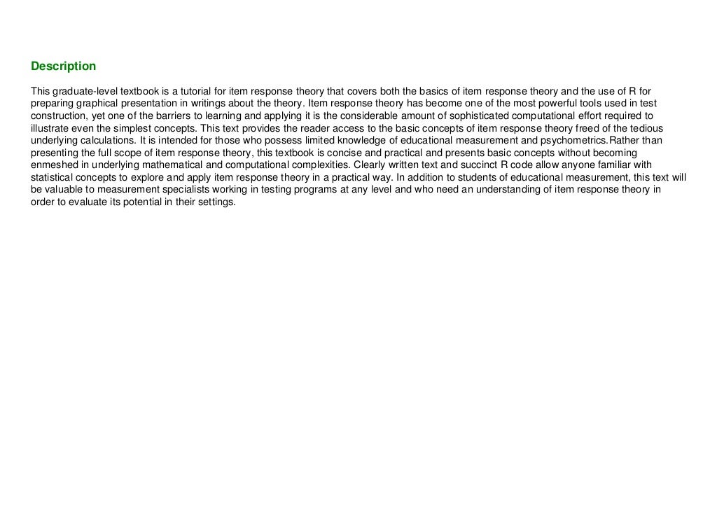 First Reads The Basics of Item Response Theory Using R