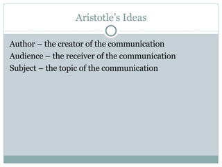 Aristotle’s Ideas Author – the creator of the communication Audience – the receiver of the communication Subject – the topic of the communication 