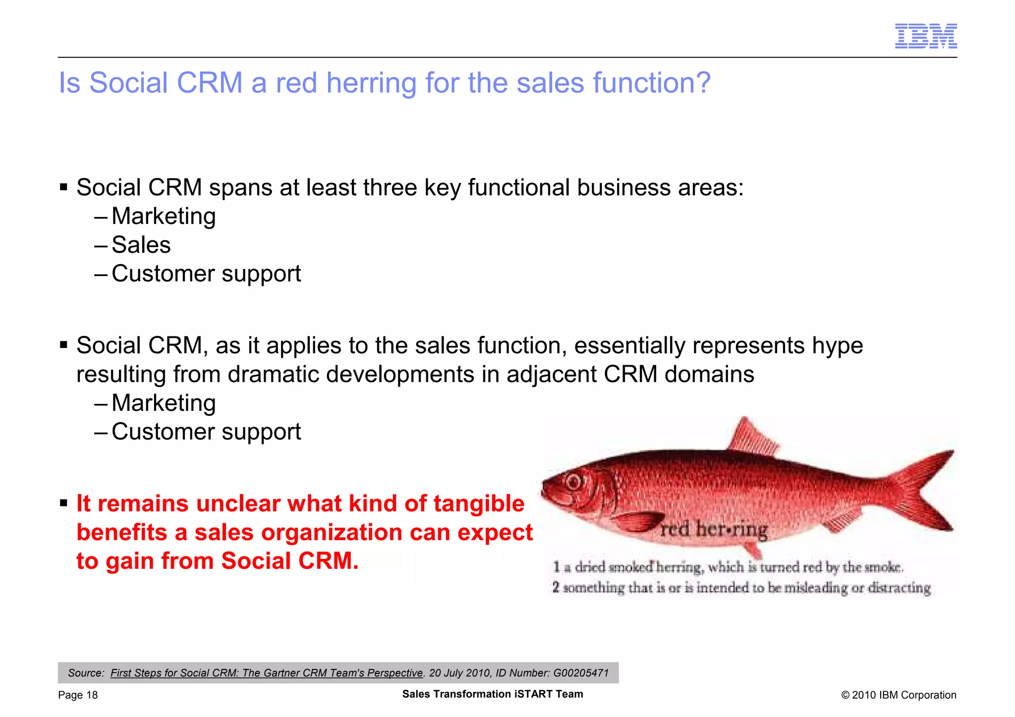 © 2010 IBM CorporationPage 18 Sales Transformation iSTART Team
Is Social CRM a red herring for the sales function?
Social CRM spans at least three key functional business areas:
– Marketing
– Sales
– Customer support
Social CRM, as it applies to the sales function, essentially represents hype
resulting from dramatic developments in adjacent CRM domains
– Marketing
– Customer support
It remains unclear what kind of tangible
benefits a sales organization can expect
to gain from Social CRM.
Source: First Steps for Social CRM: The Gartner CRM Team's Perspective. 20 July 2010, ID Number: G00205471
 