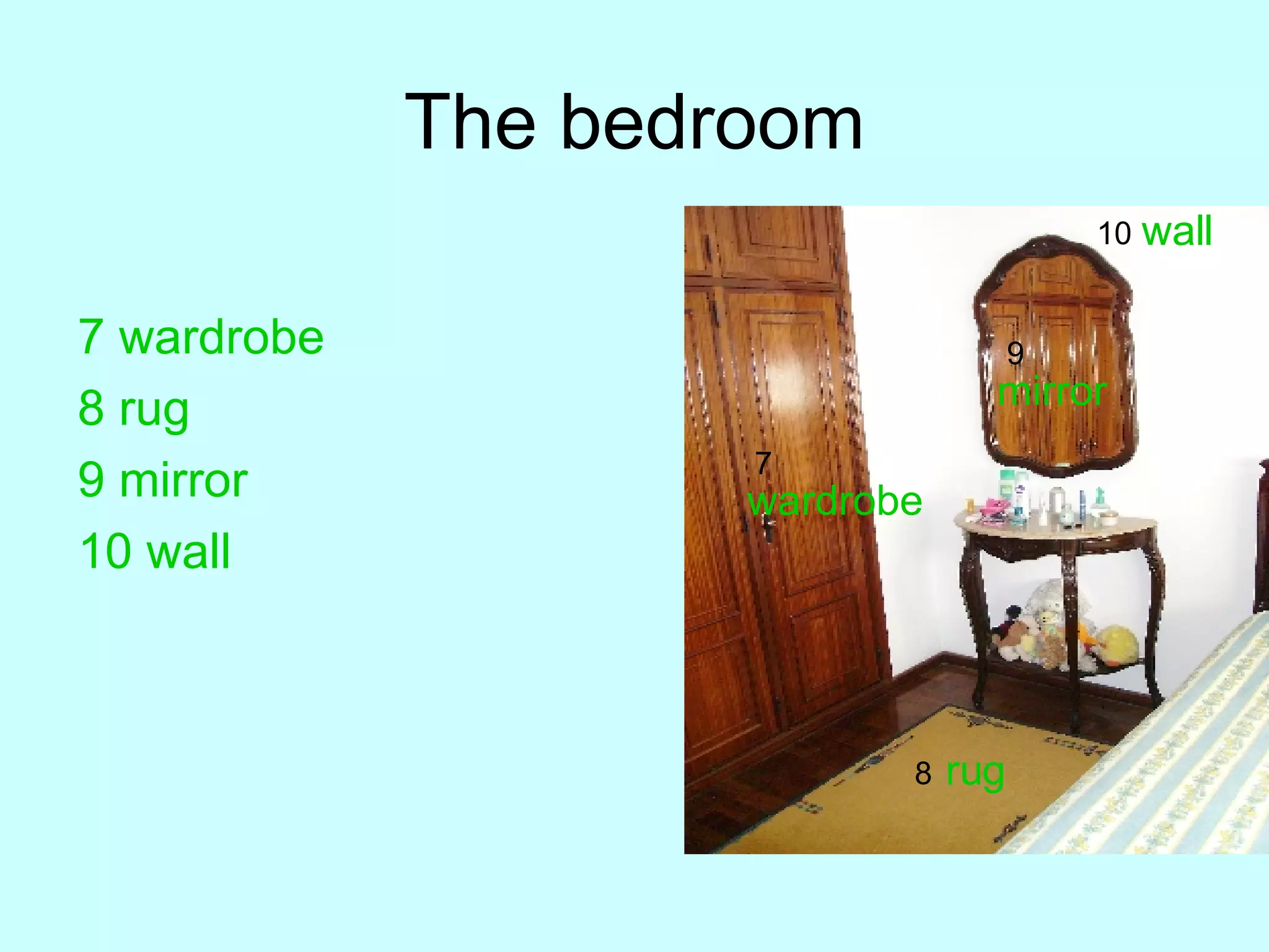 The bedroom 7 wardrobe 8 rug 9 mirror 10 wall 7 8 9 10 wardrobe rug mirror wall