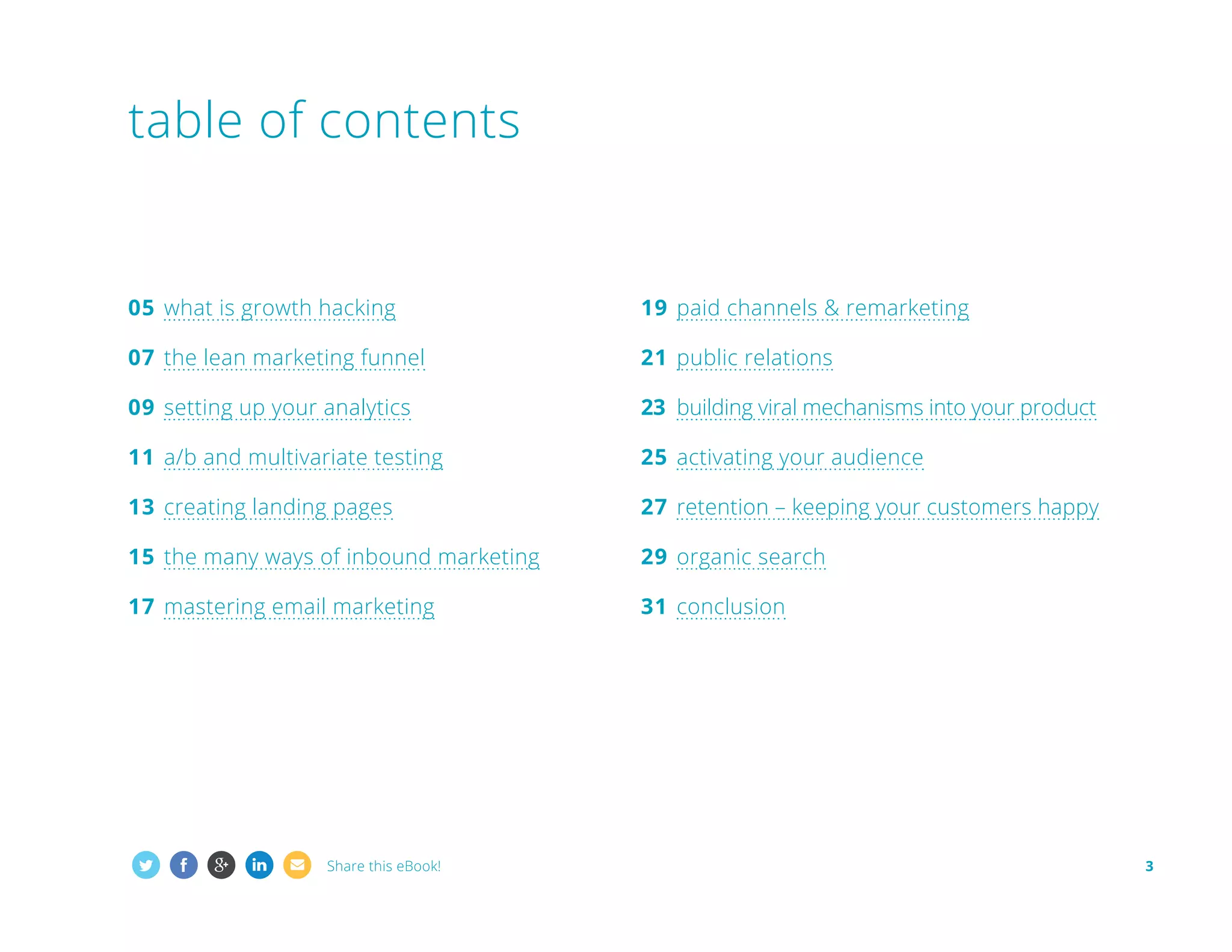 table of contents

05	 what is growth hacking

19	 paid channels  remarketing

07	 the lean marketing funnel

21	 public relations

09	 setting up your analytics

23	 building viral mechanisms into your product

11	 a/b and multivariate testing

25	 activating your audience

13	 creating landing pages

27	 retention – keeping your customers happy

15	 the many ways of inbound marketing

29	 organic search

17	 mastering email marketing

31	 conclusion

Share this eBook!

3

 